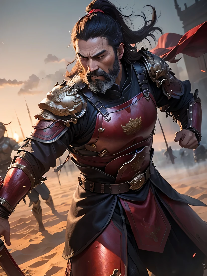 ((masterpiece、highest quality、genuine、Super detailed、High resolution、photogenuineistic、sharp focus、cinematic lighting))、bust shot、中年maleが1人、male、focus on face、Dark beard、Wearing Chinese-style armor with intricate patterns、General's armor、full armor、Cage hands、Holding a Chinese-style helmet in your hand、Blood on the face、blood on armour、please open your eyes wide、dynamic action、Detailed facial depiction、detailed hand drawn、looking at enemy troops、The background is a grassland battlefield、White sand smoke、Swing your sword up、Surrounded by enemy soldiers、combat readiness、Friend and foe brawl