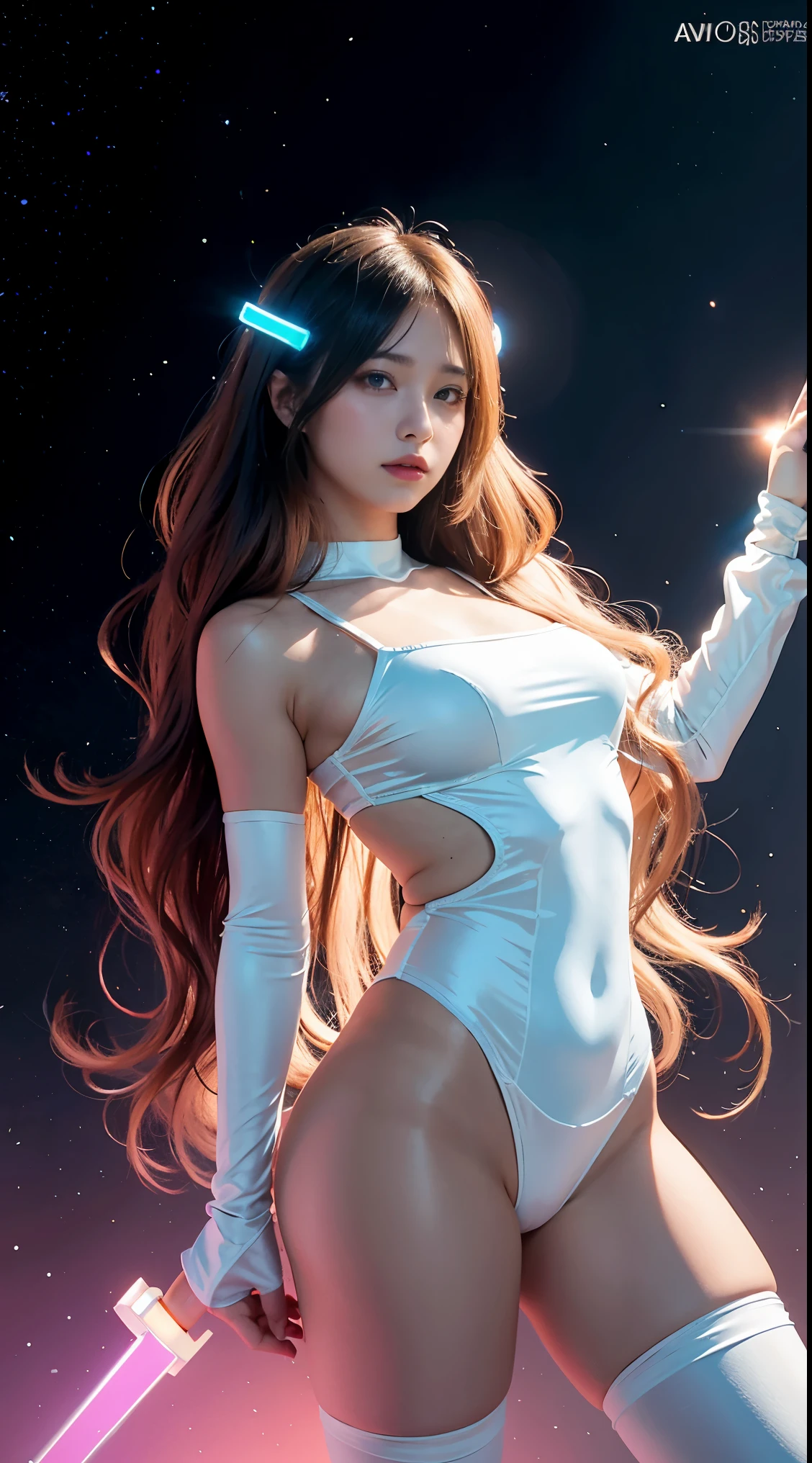 realistic, High resolution, 1 female, glowing skin, alone, wide lips,long hair,wavy hair, closed mouth, hip up,skin as white as porcelain,saggy breasts,small face,Anime character cosplay,Cosplayers,Costume costumes,Digital space,neon light