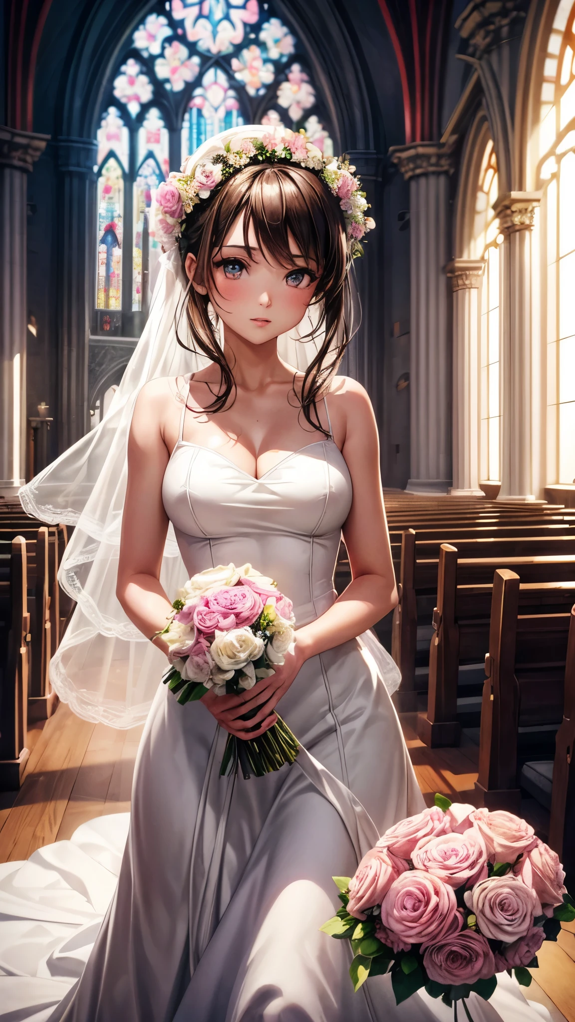 sksbrooke person, sksbrooke, (masterpiece:1.2), (best quality:1.2), perfect eyes, perfect face, 1girl, solo, brown eyes, (medium breasts), perky breasts, seductive look,  pink wedding dress, walking down the ailse in a church, sun ray in background from window, hold bouquet of flowers, wide angle view 