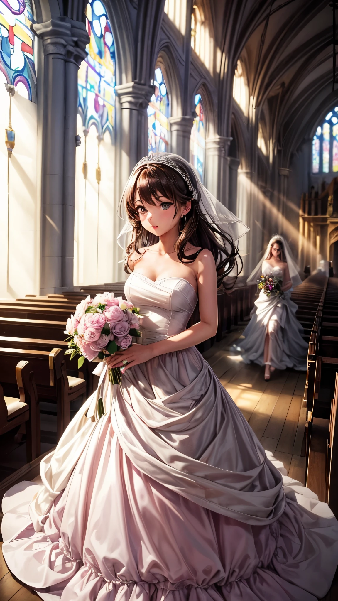 Girl with huge breasts wearing a micro bikini and a wedding dress with a veil and bouquet at the altar with her grandfather