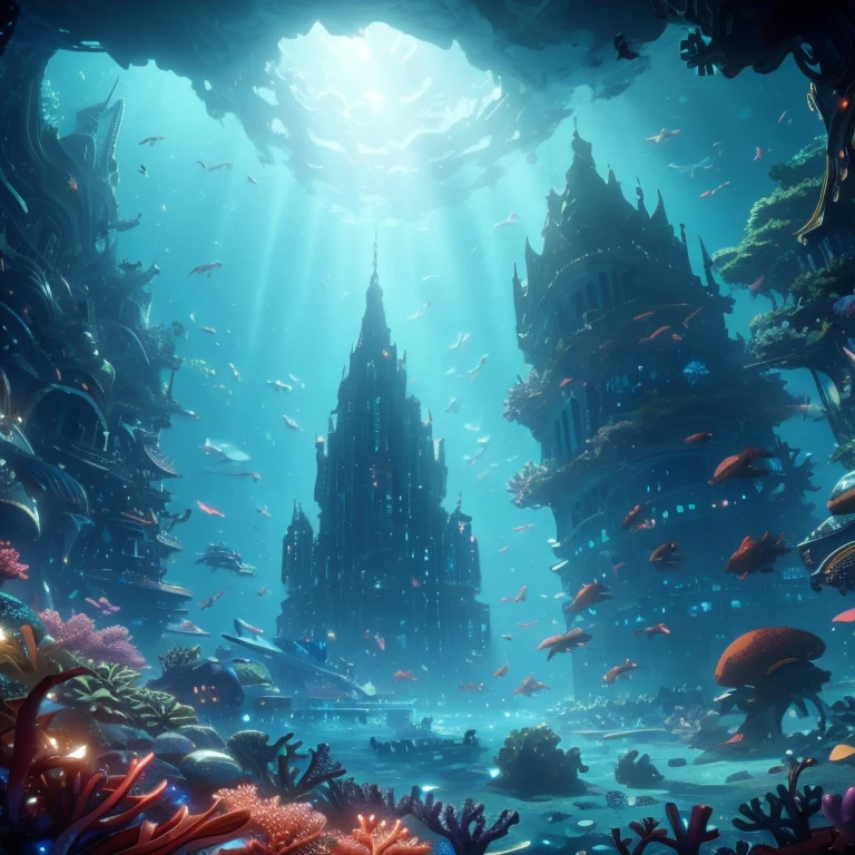 highest quality,4K,8K,High resolution,masterpiece，wide viewing angle，real，movie，In the deep sea，fantastic underwater city，beautiful ecosystem，deep sea creatures and plants，mysterious atmosphere，Future，unique building，seaweed，coral，Contrast of shadows and lights in the city，Mystery of the deep sea