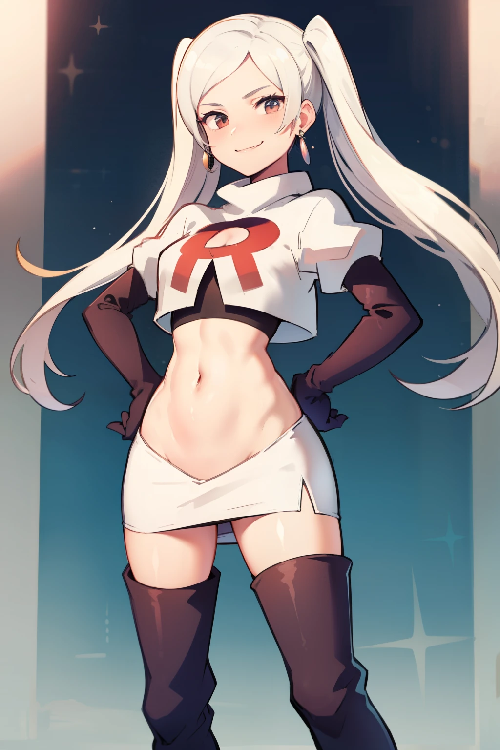 robin fe ,earrings, team rocket uniform, red letter R, white skirt,white crop top,black thigh-high boots, black elbow gloves, evil smile, hands on hips