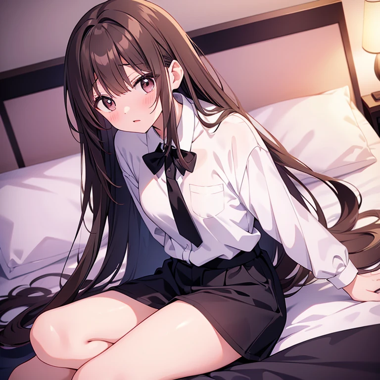 20 years old、Very tall、pretty、Long brown hair、Bangs that reach the eyebrows、White shirt、black tie、No pants、bed、lying down、First-person perspective、shy、blush