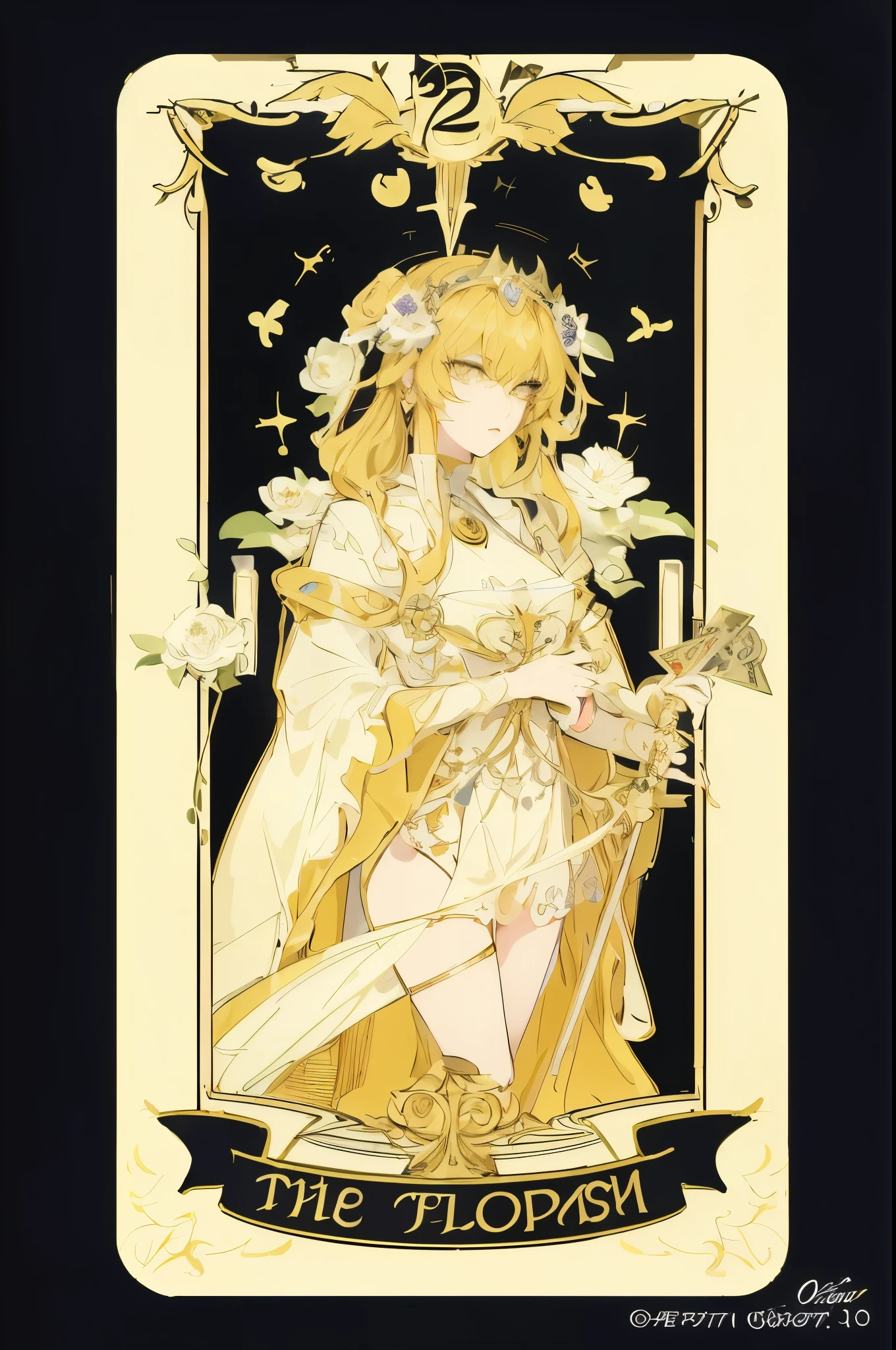 a close up of a tarot cards card with a woman holding a flower, high detail + tarot cards card, [ tarot cards card ]!!!!!, anime art nouveau, tarot cards card the empress, tarot cards card design, the sailor galaxia. beautiful, tarot cards design, the empress tarot cards card, anime art nouveau cosmic display, Full card design, tarot cards card, tarot cards card style, tarot cards!!