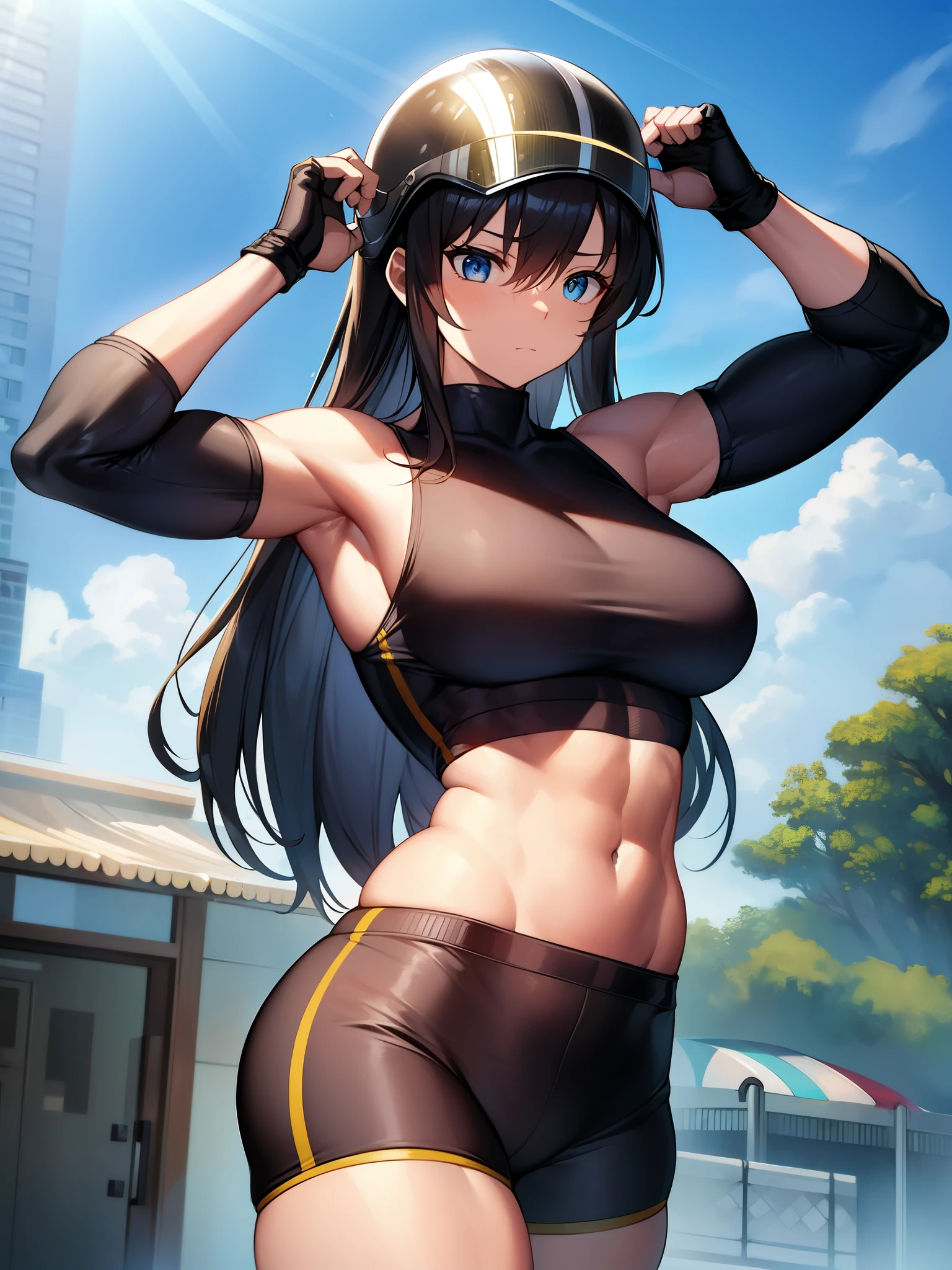cutting, upper abdominals, woman, Bicycle helmet, sunglasses, body suit, shorts, Muscular, raise your arms, tone, body builder, vibrant hair, Oversized sweater, big breasts, outdoor, light, 神のlight, small shorts, small shorts, Realistic, thick thighs、strong arms