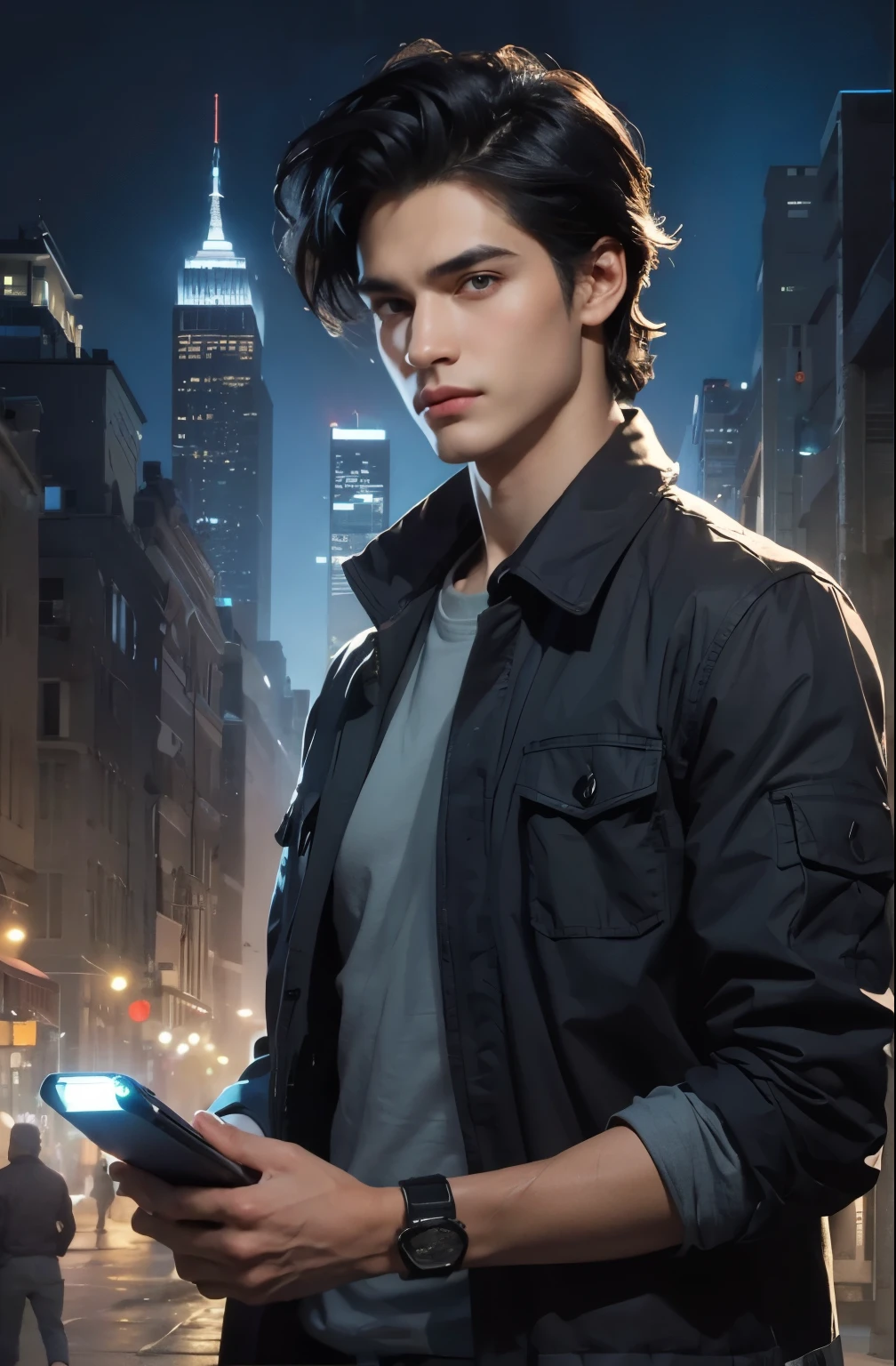 beautiful man. Detailed drawing of the face. masterpiece. Black hair. He is wearing modern clothes. In one hand, he holds a device that looks like a flashlight. She is standing in the middle of the city at night. An uninhabited city.