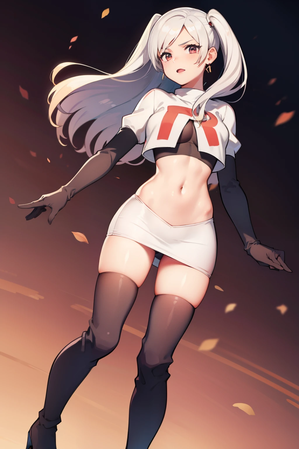 robin fe ,earrings, team rocket uniform, red letter R, white skirt,white crop top,black thigh-high boots, black elbow gloves,