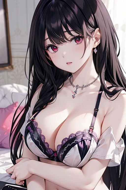 Black hair, red eyes, large breast, sexy, beautiful body, Lavender underwear, Lavender lingerie, Lavender bra, bedroom, Masterpiece