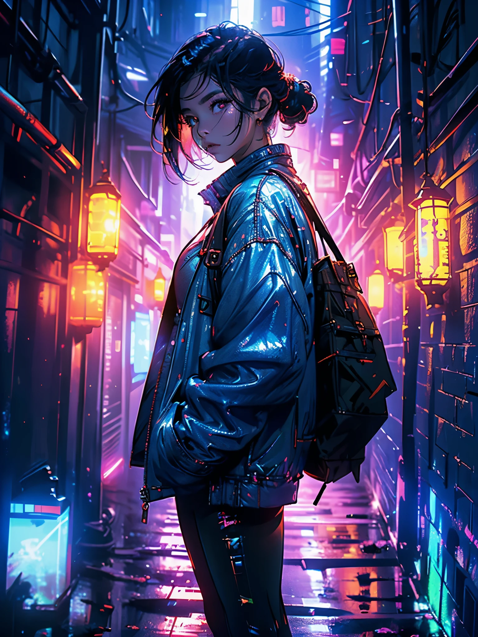 Asian woman in blue jacket against wall, close-up of face, side light, harajuko style, red blood glowing eyes, big ass, full body, in the field of concret, (A bottom-up view with a focus on character and setting), (wide view of open field), (Low-angle photo), (luz alta: 1.2), (luz baixa:1.6), (fonte de luz quente: 1.2), detalhes complexos, (cores iridescentes: 1.5), (Bright lighting), (atmospheric lighting), Sonhador, unico,
