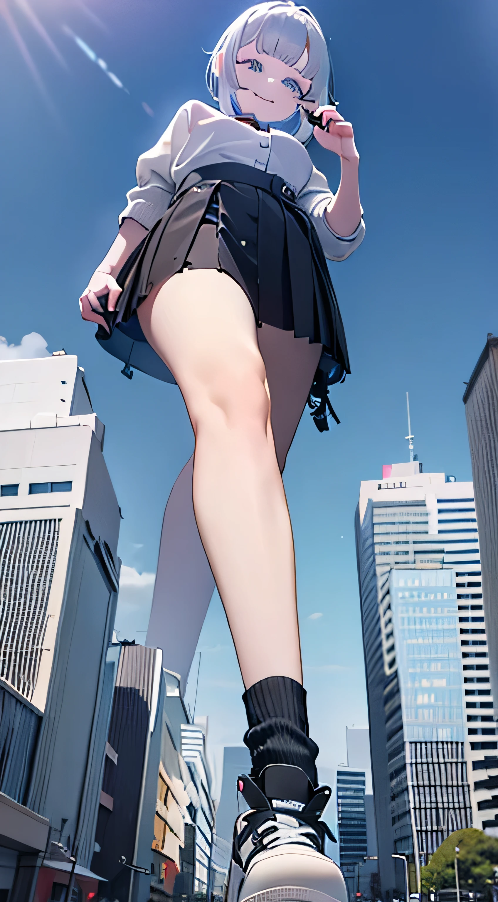 Girl with short hair and sneakers、Higher than the building、uniform、mini skirt、black socks、a smile，女huge art, Cute little ****，Exquisite facial features，************，highly detailed 女huge , huge, white hair, 比摩天大楼还大的女huge, very small city, 试图摧毁一座micro city, full body depiction, governor, giga 女huge, 女huge, white pantyhose, Booties ,stomping city,Collapsed cities,small city,micro city,