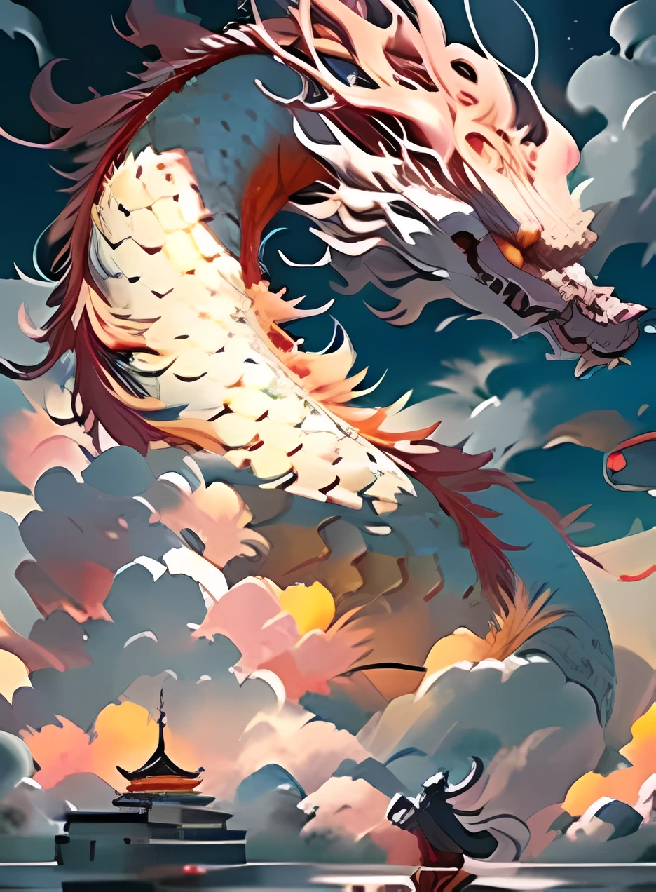 中国五爪红色神dragon,hovering in a circle and taking off, a dragon made of colorful clouds in a golden wind storm , with a clearly developed style of his subject, Light gray and light gold, 广阔的Sky, chinapunk, Realistic hyper-detail, 令人印象深刻的Sky, hidden academia 。dongh_dragon,dragon,cloud,long_hair,Sky,1 girl,Black_hair,Chinese_clothing,from_behind,permanent,outdoor,male_focus,cloudy_Sky,animation,illumination,3D,Unreal 5 rendering,8k,Super realistic,Super detailed,complex,