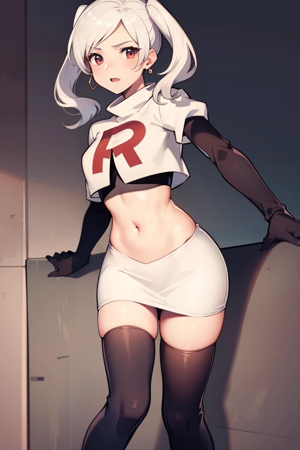 robin fe ,earrings, team rocket,team rocket uniform,white skirt,red letter R,crop top,black thigh-highs,black elbow gloves