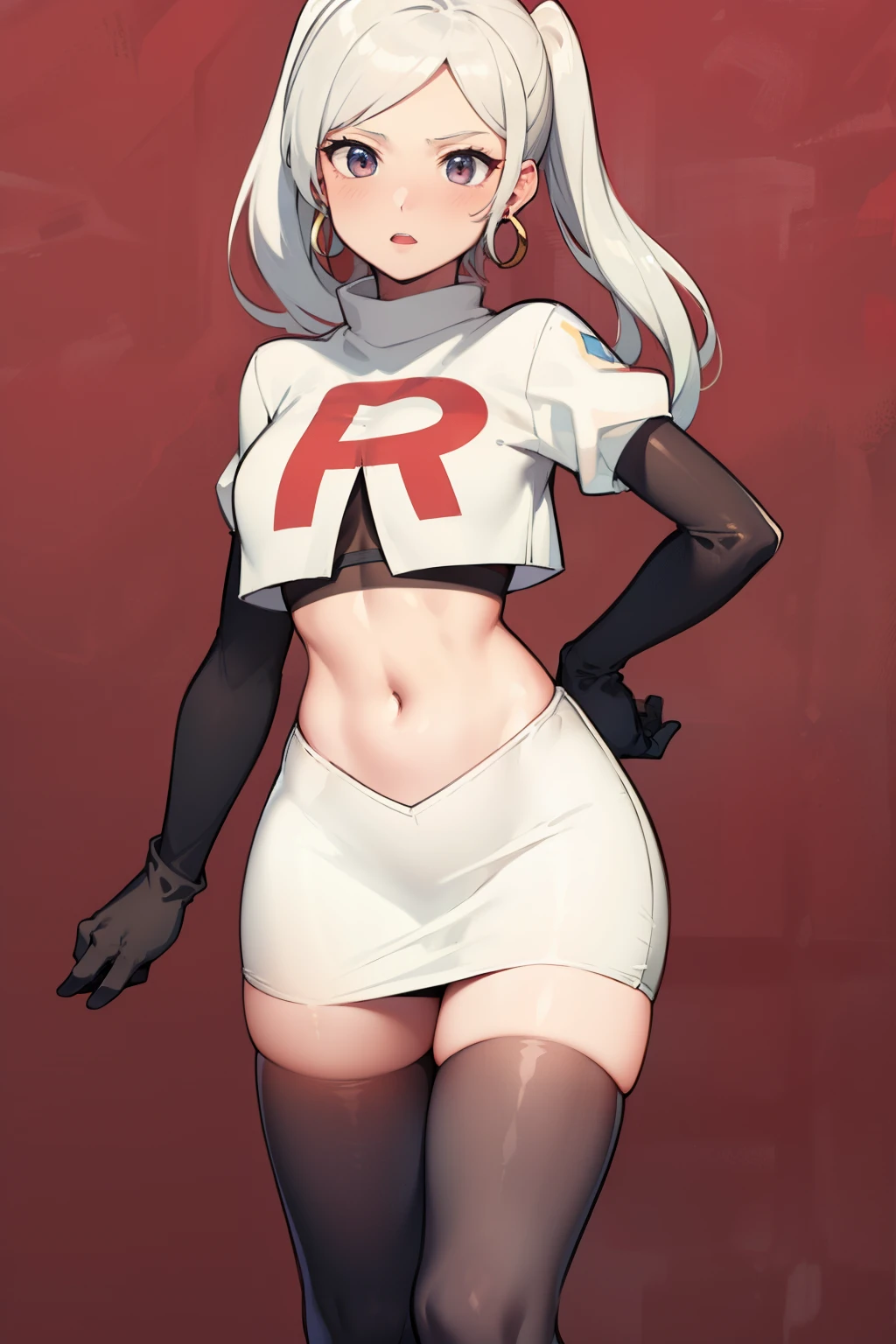 robin fe ,earrings, team rocket,team rocket uniform,white skirt,red letter R,crop top,black thigh-highs,black elbow gloves