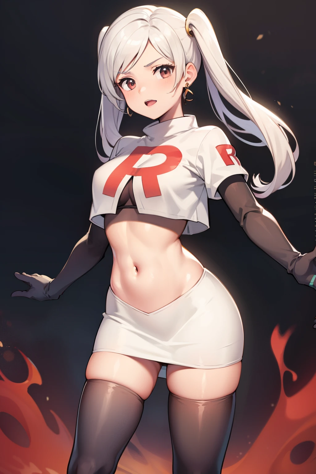 robin fe ,earrings, team rocket,team rocket uniform,white skirt,red letter R,crop top,black thigh-highs,black elbow gloves