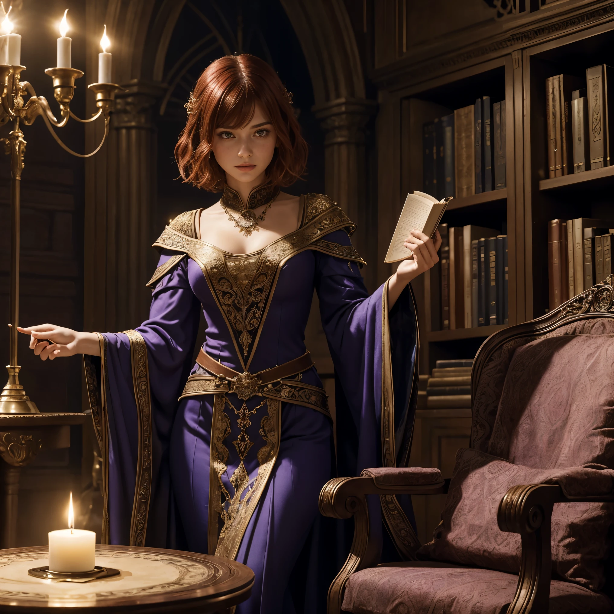 Generate a full-body image using AI with the following detailed description in English: a young woman, 19 years old, with fair skin and short red hair featuring a straight fringe. Her brown eyes are adorned with freckles, adding a touch of charm. She is elegantly seated in a luxurious armchair, legs crossed, creating a poised and regal stance.

Dressed in a medieval-style lilac dress with intricate details, she exudes an air of enchantment and sophistication. The dark academia-inspired setting is adorned with towering bookshelves, and the only source of light comes from the warm glow of candles, creating an atmosphere of mystique.

The young mage is engrossed in her studies, examining a magical tome with a focused expression. The full-body image captures her in the act of unraveling ancient mysteries, seated in the plush comfort of the luxurious armchair. This scene epitomizes a harmonious blend of fantasy aesthetics, dark academia allure, and the captivating pursuit of magical knowledge.