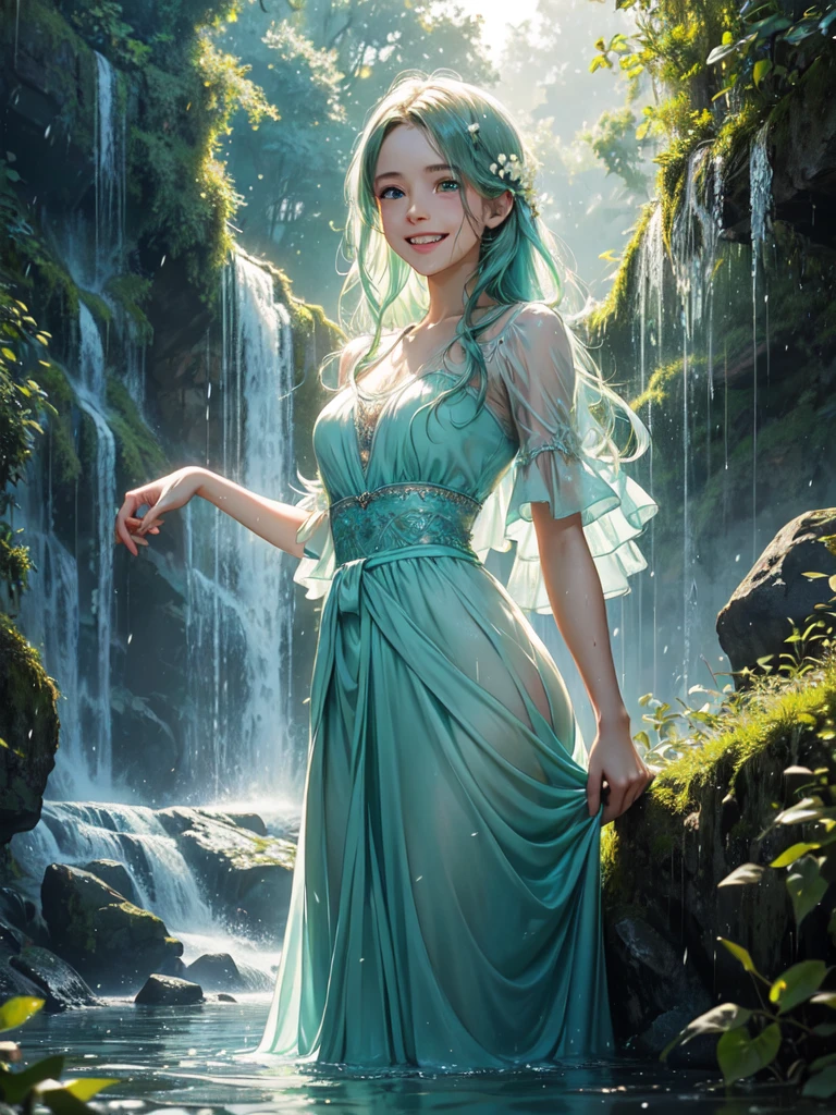 A laughing, blue-eyed girl in a pastel green chiffon dress dances in the fairytale rain.., High quality paintings that are realistic yet artistic.., cgsociety competition winner, Wet shirt effect, rain effect, Water Effects. splashing water, squirting,,Long Ong water splashed all over the area.,  Beautiful lighting elements, Beautiful corner, Smooth Movement, Winning photos, cute picture, Powerful photos, backlit photography, backdrop is the atmosphere is like being in a fairytale forest., There is a beautiful waterfall., It was filled with small white flowers and several fireflies., Spreading hair, Beautiful flowing skirt.