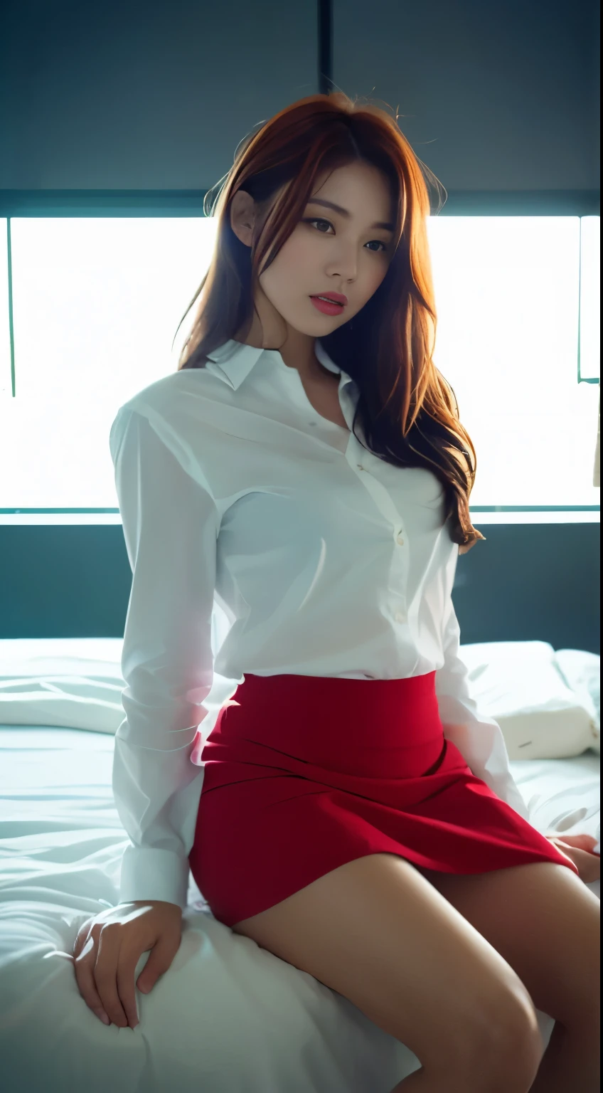 ((Realistic lighting, Best quality, 8K, Masterpiece: 1.3)), Clear focus: 1.2, 1girl, Perfect beauty: 1.4,big ass:1.1, Slim abs: 1.1, ((red bob hair)), (seductive silhouetted white shirt and skirt: 1.4), (indoor, Night: 1.1), bed view, Super fine face,(seductive), Fine eyes, Double eyelids,