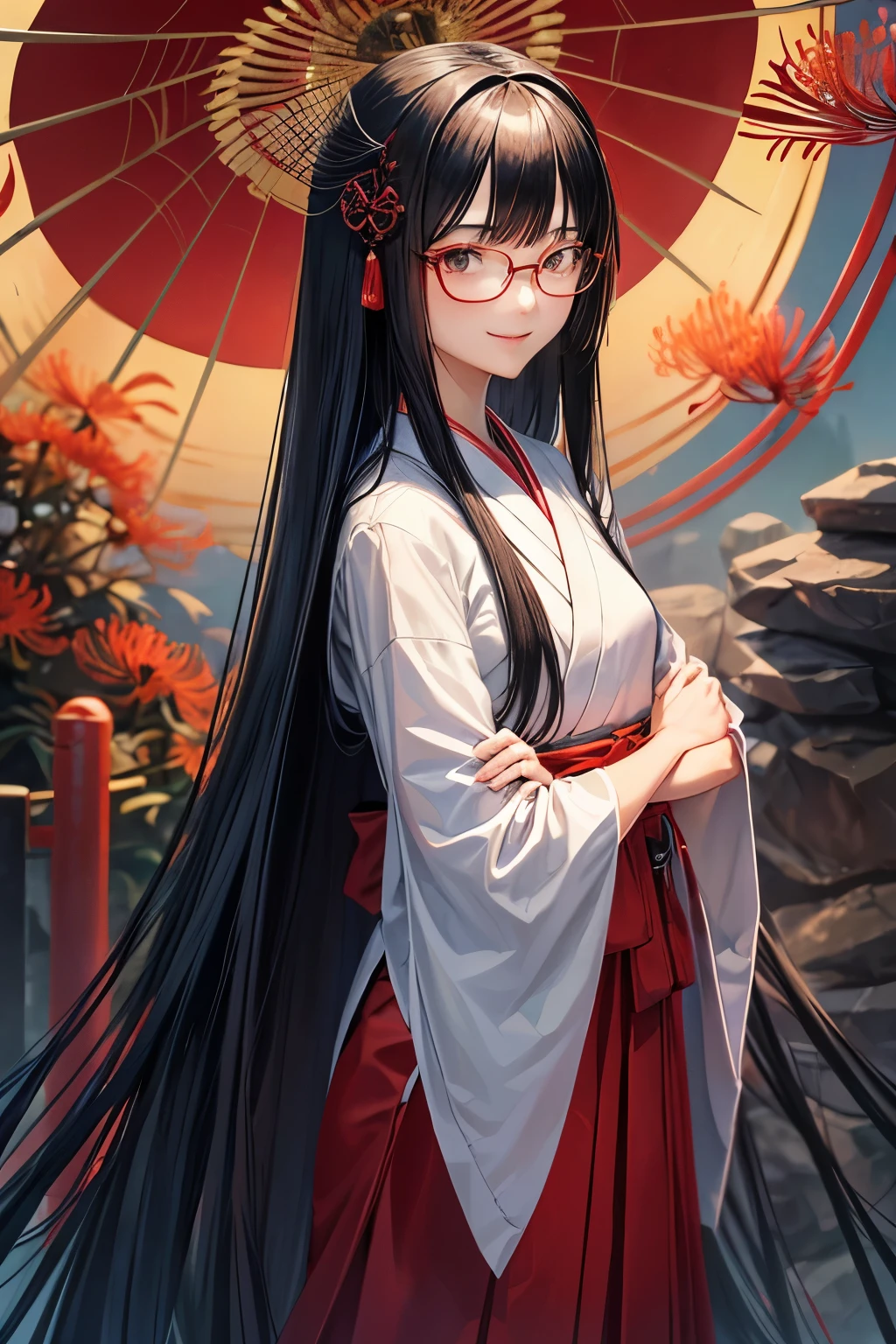 A 26 years old Japanese lady (( slender, small breast)),  black long straight hair and much forelock (( a spider lily motif hair-grip)), wears shrine maidens clothes and a red hakama , blue underlim glasses, looking back pose, holding her arms in front, smiling respectfully 