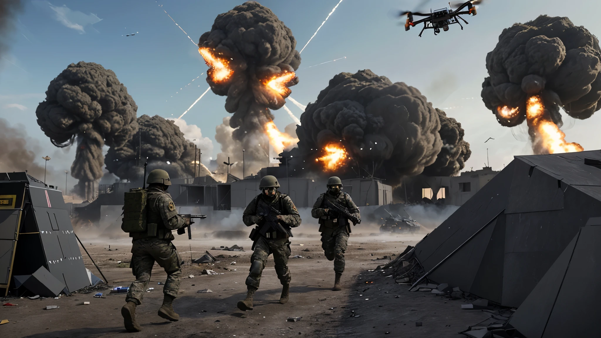In the heart of the modern warzone, soldiers clad in advanced combat gear navigate the dystopian landscape, their surroundings marked by the aftermath of conflict. Soldiers shooting from trenches, Many soldiers are running with their rifles. Smoke billows in the distance as high-tech weaponry and futuristic vehicles hint at the evolving nature of warfare. Many drones are dropping lots of small bombs from the sky, many explosions, lots of drones are flying in the sky, ultra realistic, 4k.