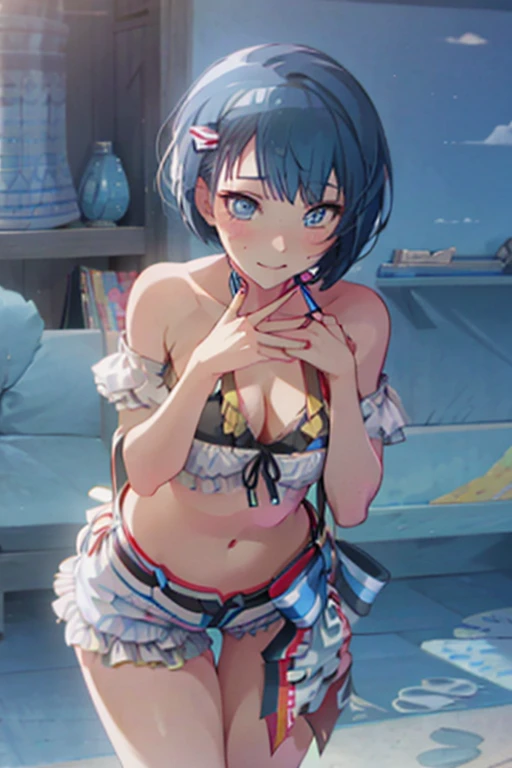 kiritaniharuka, 1 girl blue hair solo blue eyes, embarrassed, medium sized breasts, micro bikini, hands on top of breasts, closed mouth, frills, looking at viewer, at a beach, palm trees, bewitching thighs