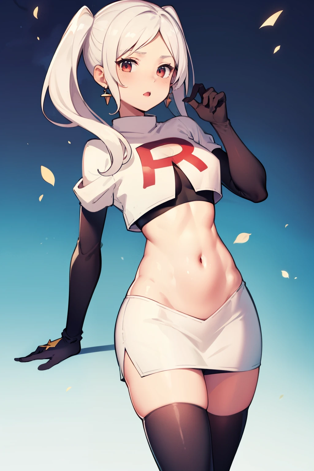 robin fe ,earrings, team rocket,team rocket uniform,white skirt,red letter R,crop top,black thigh-highs,black elbow gloves