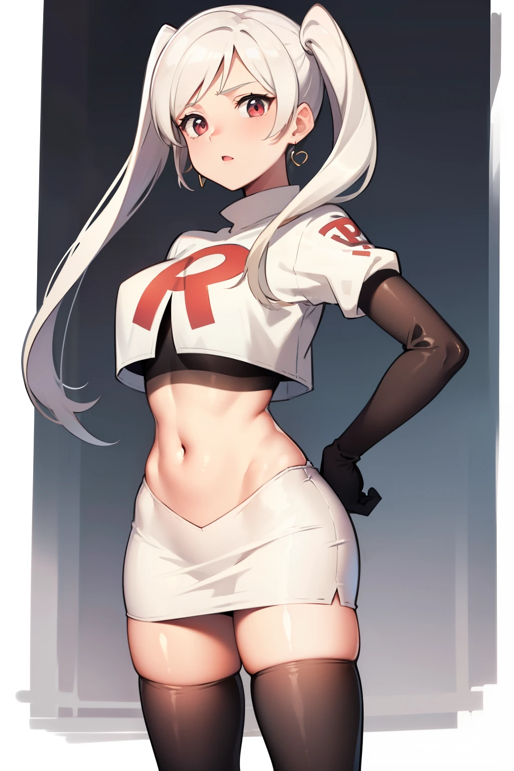 robin fe ,earrings, team rocket,team rocket uniform,white skirt,red letter R,crop top,black thigh-highs,black elbow gloves