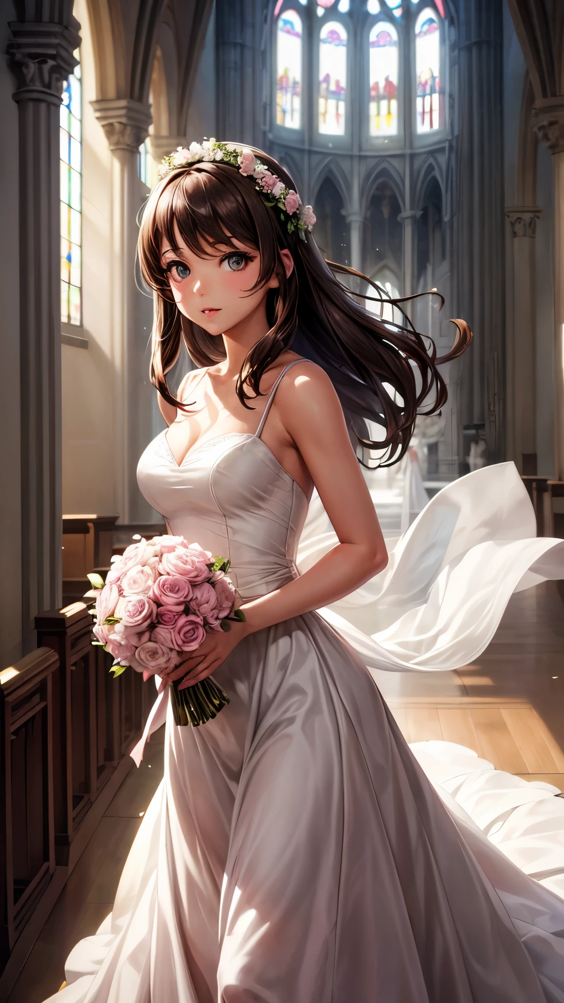 sksbrooke person, sksbrooke, (masterpiece:1.2), (best quality:1.2), perfect eyes, perfect face, 1girl, solo, brown eyes, (medium breasts), perky breasts, seductive look, pink wedding dress, walking down the ailse in a church, sun ray in background from window, hold bouquet of flowers, wide angle view