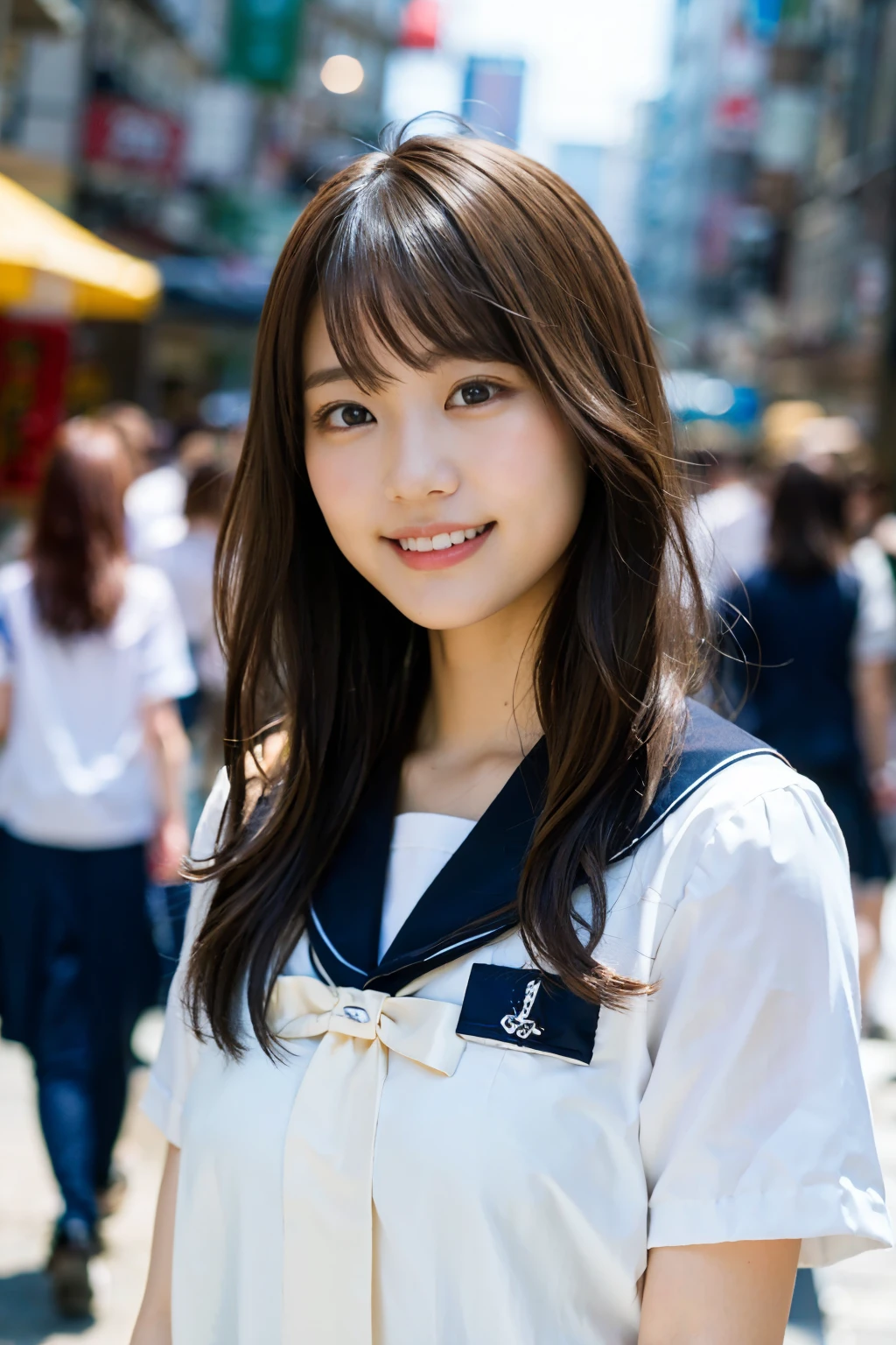 (8K、Raw photography、top-quality、​masterpiece:1.2)、(realisitic、Photorealsitic:1.37)、ultra-detailliert、超A high resolution、女の子1人、see the beholder、beautifull detailed face、A smile、Constriction、(Slim waist) :1.3)、Beautiful detailed skin、Skin Texture、Floating hair、Professional Lighting、Whole human body、Longhaire、a blond、japanese hight school uniform、a sailor suit、In the street、Bob Hair、Summer Festivals、Happy smile、sixteen years old