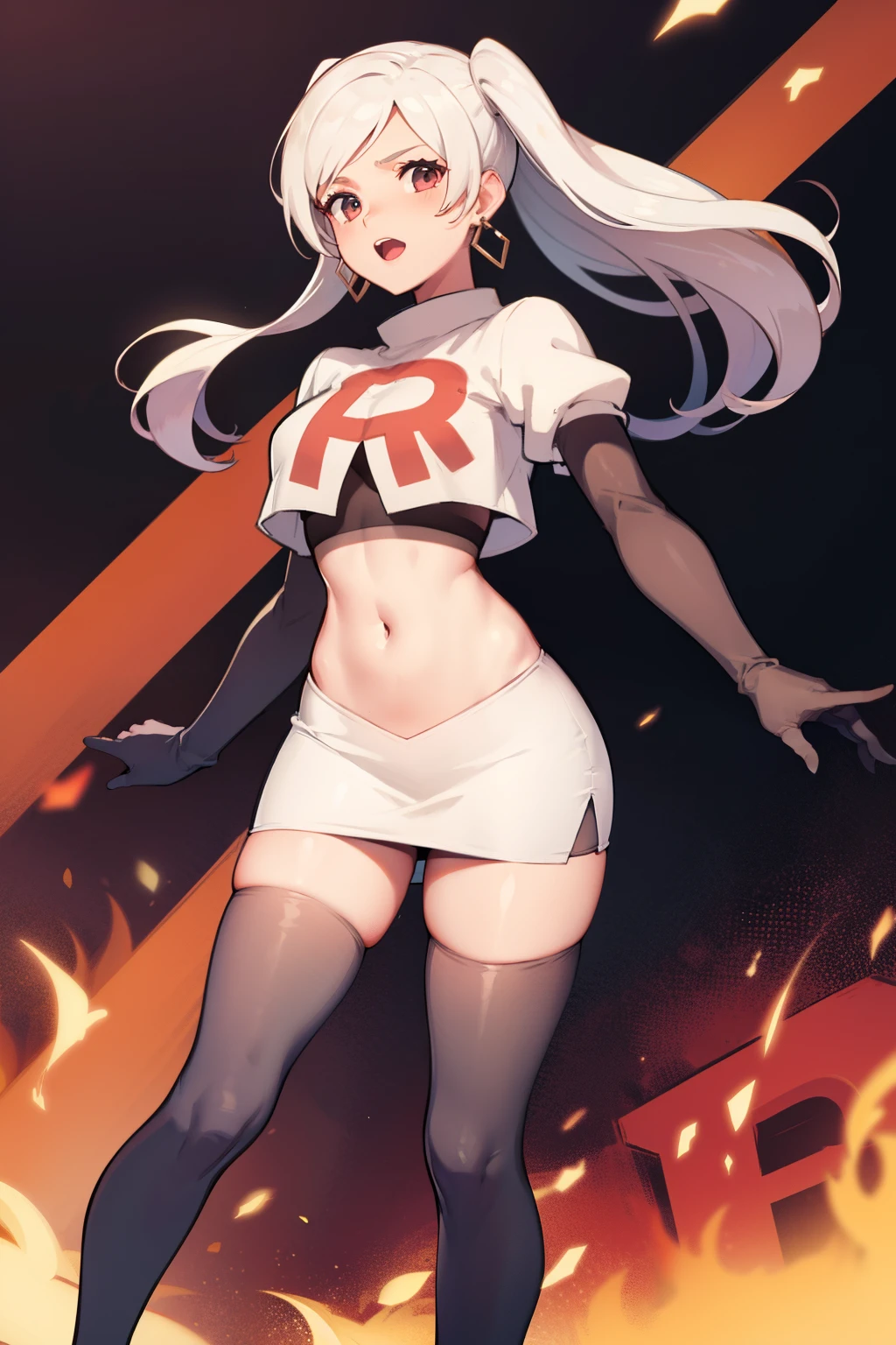 robin fe ,earrings, team rocket,team rocket uniform,white skirt,red letter R,crop top,black thigh-highs,black elbow gloves