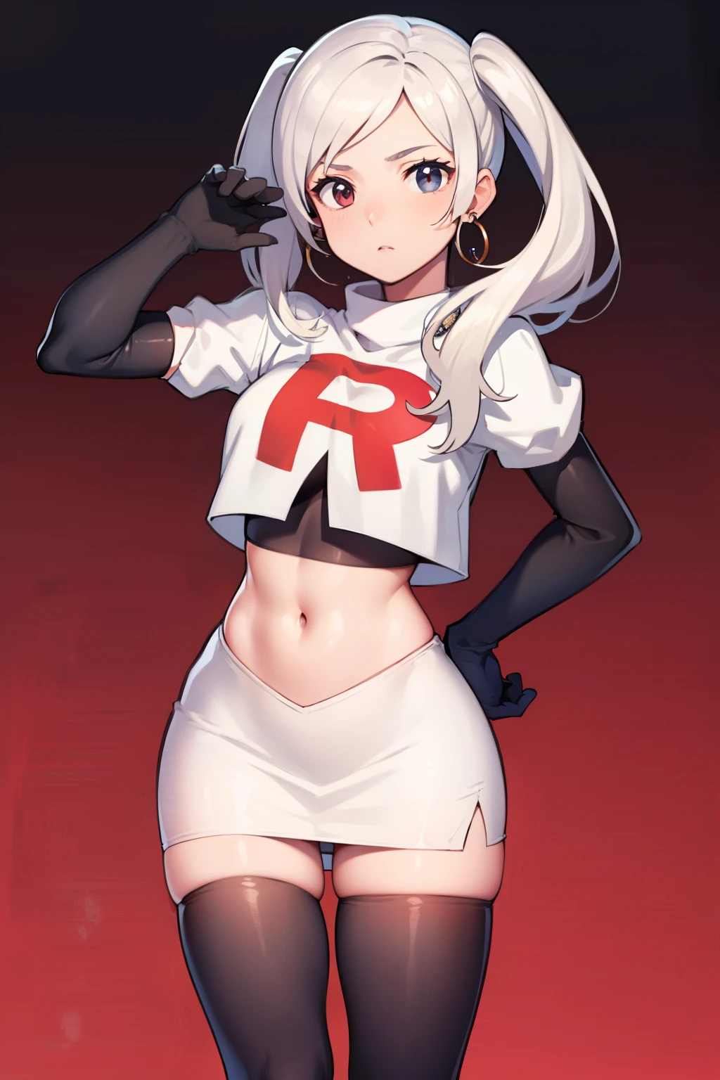 robin fe ,earrings, team rocket,team rocket uniform,white skirt,red letter R,crop top,black thigh-highs,black elbow gloves