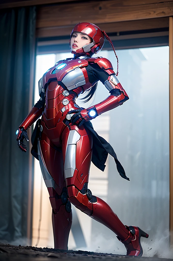 RAW, Masterpiece, Ultra Fine Photo,, Best Quality, Ultra High Resolution, Photorealistic, Sunlight, Full Body Portrait, Stunningly Beautiful,, Dynamic Poses, Delicate Face, Vibrant Eyes, (Side View) , she is wearing a futuristic Iron Man mech, very detailed background, detailed face, detailed busy background, messy, gorgeous, milky, high detailed skin, realistic skin details, visible pores, sharp focus, volume Fog, 8k uhd, dslr, high quality, film grain, fair skin, photorealism, lomography, sprawling metropolis in a futuristic dystopia, view from below, translucent