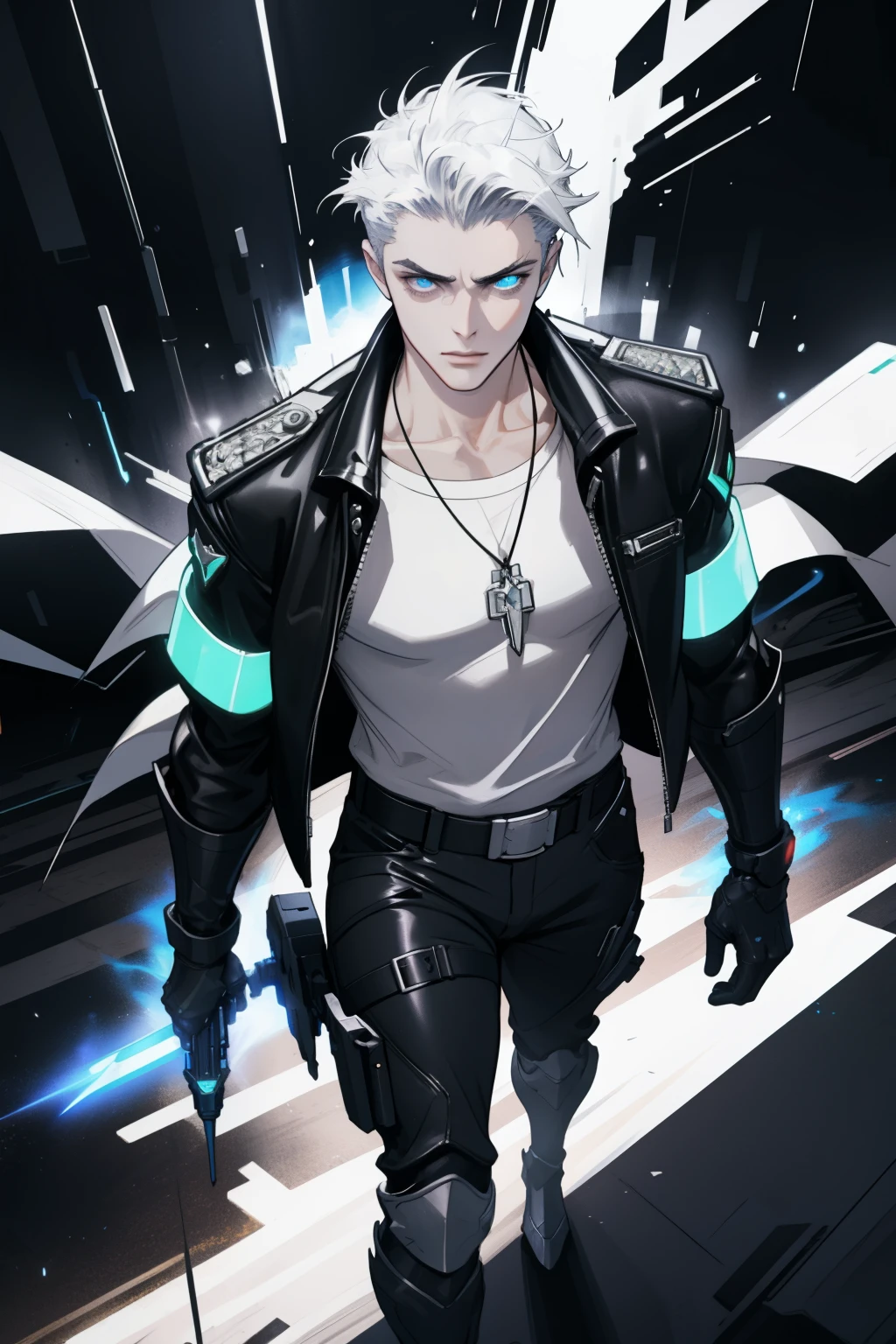 (masterpiece, best quality), 1 male, solo, adult, handsome, tall muscular guy, broad shoulders, finely detailed eyes and detailed face, extremely detailed CG unity 8k wallpaper, intricate details, intricate details, very short hair, undercut, grunge, serious expression, big arms, dark, old leather jacket, white t-shirt, medieval dark leg armor pants, neon motion stream, glowing lights, Grenade Launcher weapon, bright white energy streams of lights, rim lighting, sf, Apocalypse, from above