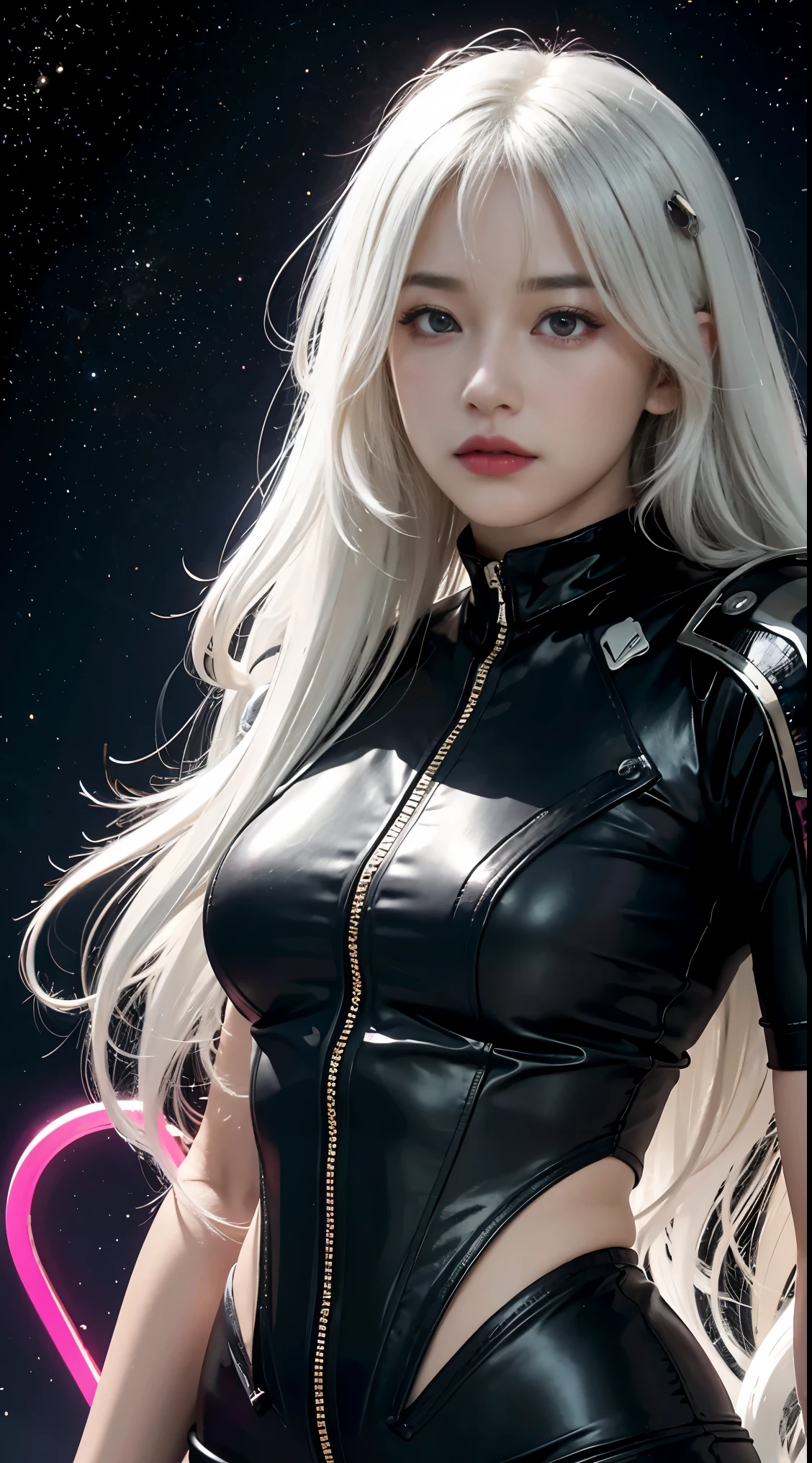 realistic, High resolution, 1 female, glowing skin, alone, wide lips,long hair,wavy hair, closed mouth, hip up,saggy breasts,small face,Anime character cosplay,Cosplayers,Costume costumes,Digital space,neon light,white hair,Color Contacts