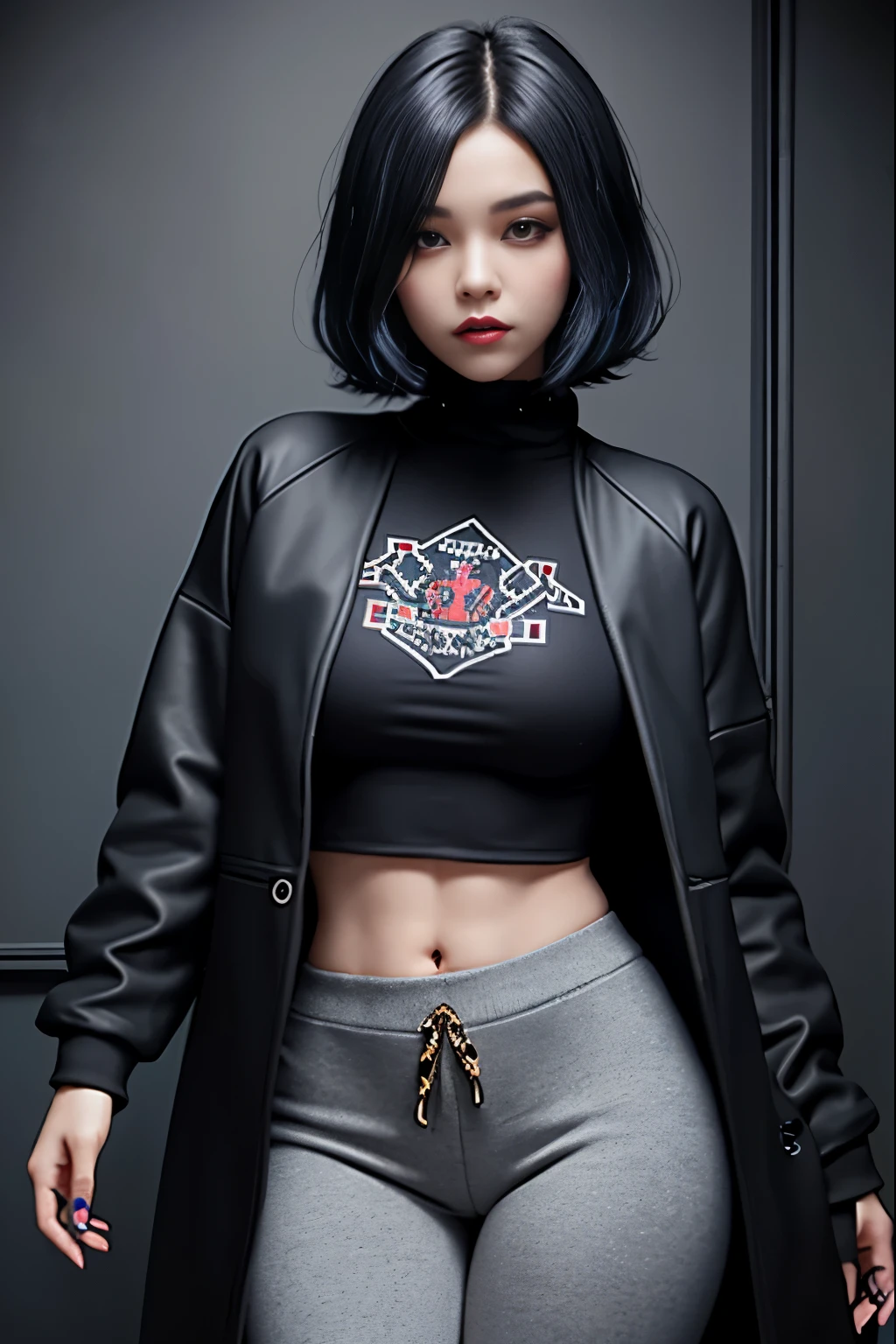 (pixelart: 1.2), beautiful gothic women, sexy goth girl, designer sweatshirt coat with logos, pants, short black hair with blue tips, bedroom, lying in bed, (by Isaac quek: 0.8) [by Ilya Kuvshinov: 0.65]