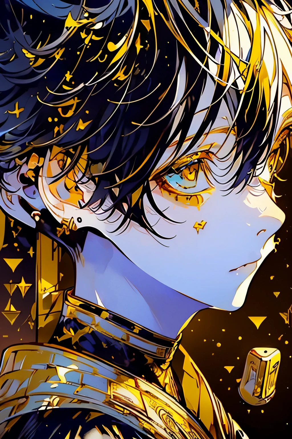 (masutepiece), (Best Quality), Highly detailed, 1 boy, Solo Focus, Perfect face, Beautiful face, looking at viewer, (front side), extra detailed face,(white hair:1.3),(Shining gold yellow eyes:1.6),Black clothe,(long eyeslashes:1.4)