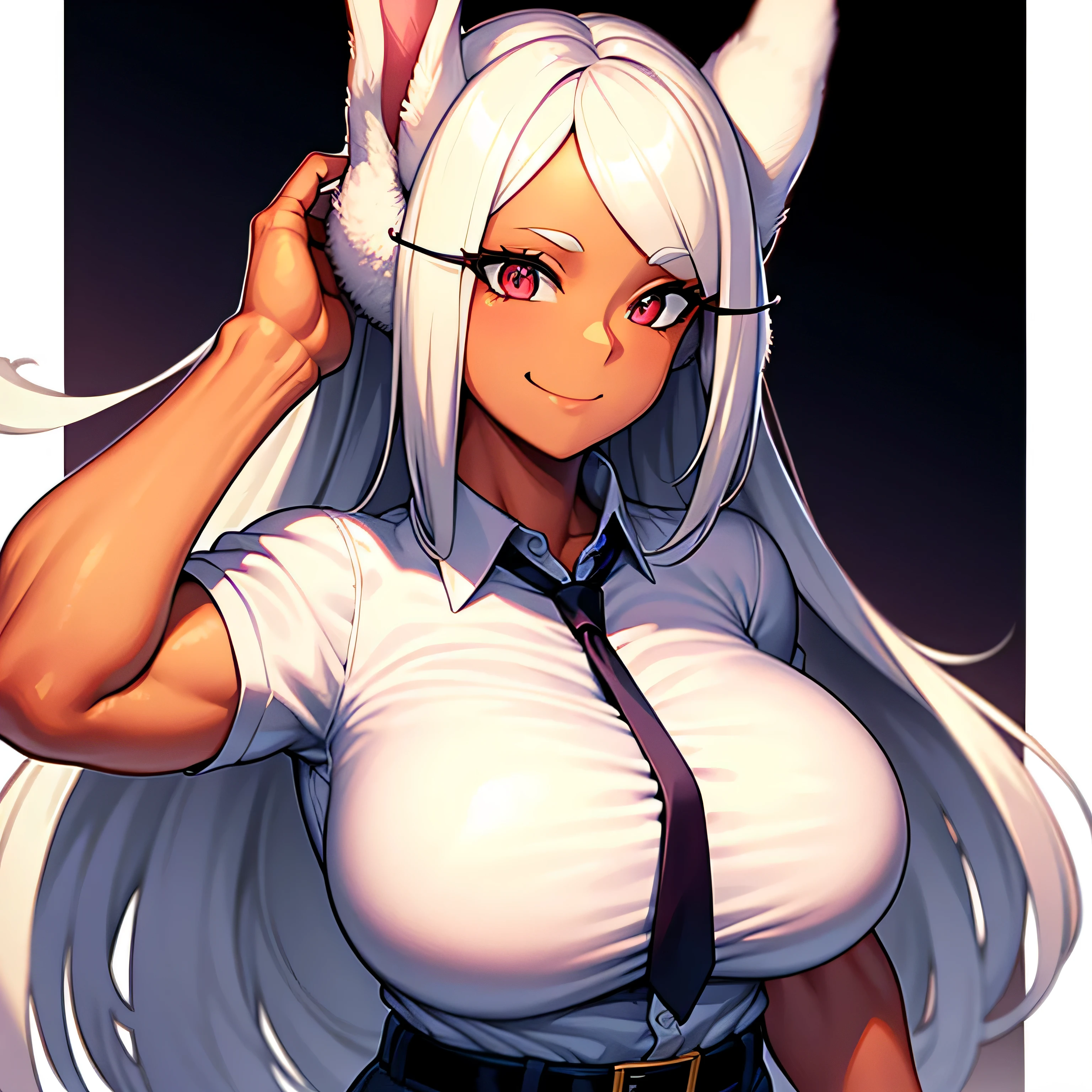 mirko mha, 1girl,solo,dark-skinned female, dark skin, large breasts, white shirt, belt , collarbone, collared shirt, formal, shirt tucked in, black pant,looking at viewer, white background, rabbit ears, rabbit girl, white hair, long hair, muscular female, red eyes, smile, happy, curved, muito gordo, quadris largos, Enorme, coxas grossas e macias, muito gordo flabby arms, Realistic lighting, alto detalhe, Qualidade HD , rosto detalhado, sombreamento realista, rolos de gordura, tamanho enorme, gigantic Enorme breasts overflowing with fat, decote enorme, pesado, mais tamanho, everything is fat, Textura macia, lindos olhos grandes, Semi-realista, dynamic angle, pattern clothes