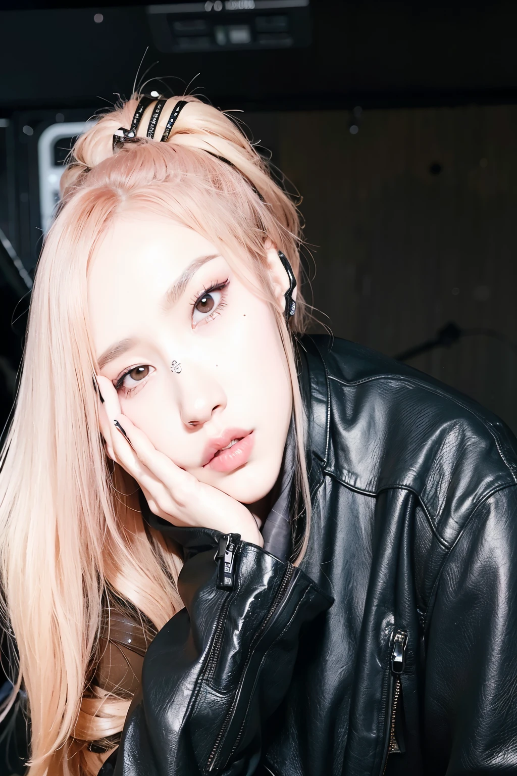 Araffe mulher com cabelo longo vestindo uma jaqueta de couro preta, jossi of rosa negra, portrait of jossi of rosa negra, roseanne park of rosa negra, portrait jisoo rosa negra, jisoo of rosa negra, rosa negra jennie, jisoo from rosa negra, Sun Yunjoo, jia, rosa negra, com cabelo rosa, lalisa manoban of rosa negra, Jinyoung Shin, cl, ellie bamber