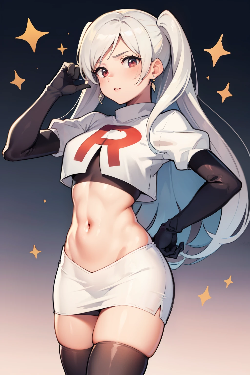 robin fe ,earrings, team rocket,team rocket uniform,white skirt,red letter R,crop top,black thigh-highs,black elbow gloves