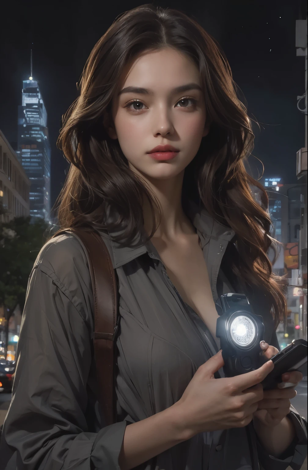 Beautiful woman. Detailed drawing of the face. masterpiece. Dark brown hair. Women are wearing modern clothing. In one hand, he holds a device that looks like a flashlight. She is standing in the middle of the city at night. An uninhabited city.