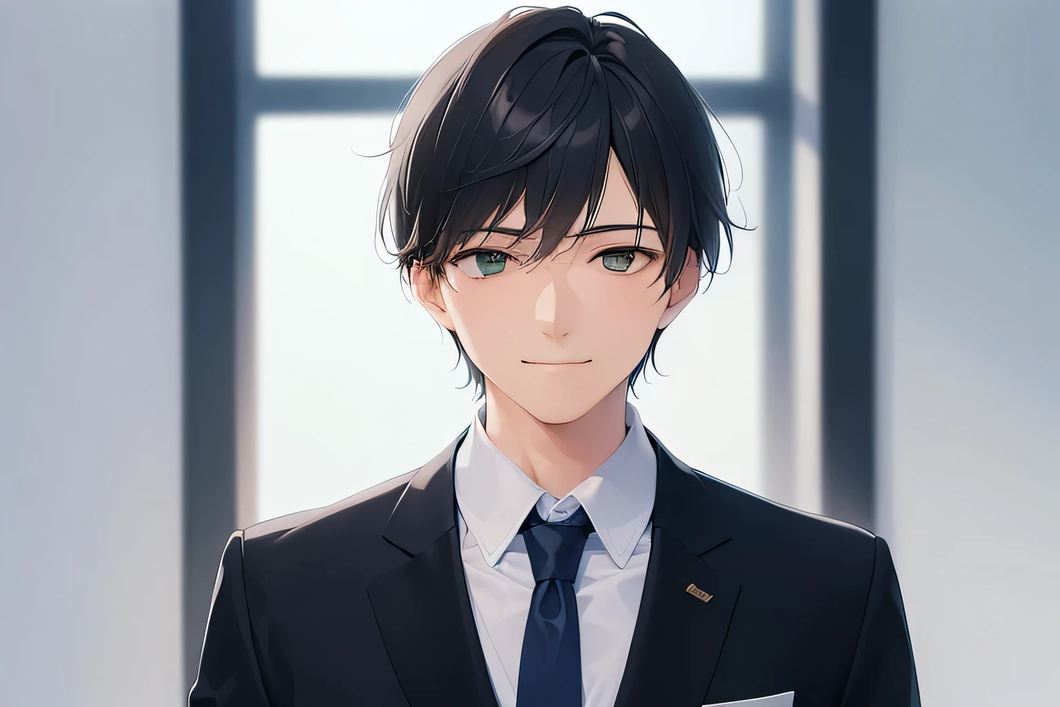 (looking away:1.3), masterpiece、high quality、25-year-old man with short black hair and green eyes、wearing a suit、wearing a white shirt、Wearing a dark blue tie、(Alone:1.5)、(A smiling expression of embarrassment:1.1)、The background is an office、