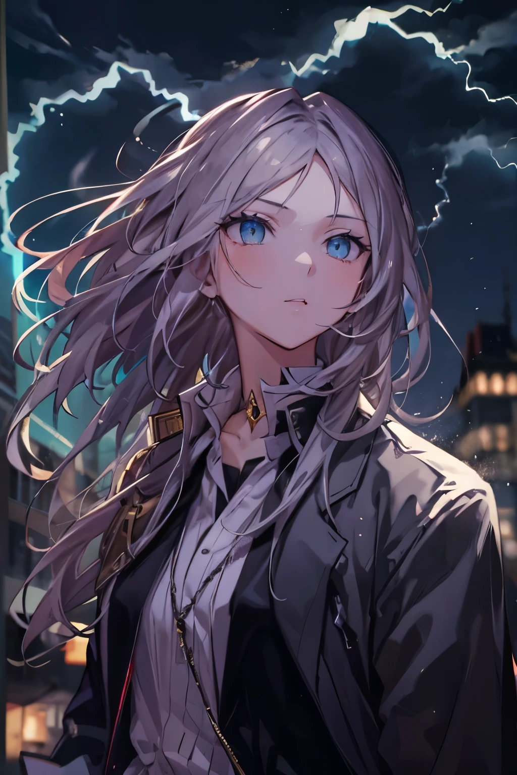 (real:0.2)、anime illustration、1 girl、、black coat、、Paris、France、sfv、black pants、black office shirt、、carmen sandigo、、blue sky、、long hair、、dramatic lightning、Lamp light、epic lighting, light falling on face, The light from the rear window is backlit., Face Light, The face is illuminated, fill light, fill light, ((master piece)), (Carmen_Sandigo_v1-1_Shulik-2000:0.6) information, silver hair, golden eyes