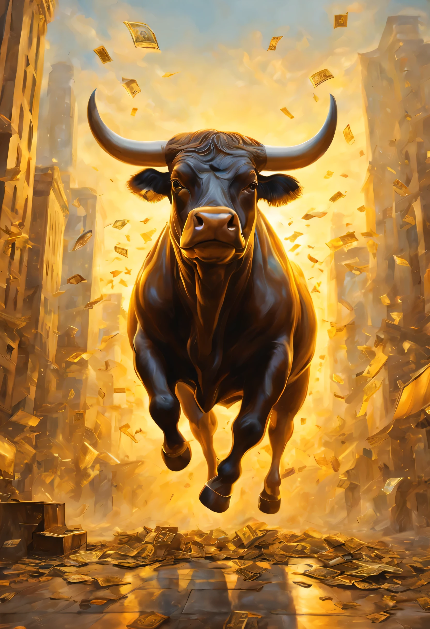 Dream illustration, fairytale-like, Oil painting, 8k, Charging bull from wall street, Backgroung, new work buildngs, money flying, HD, Golden, Light yellow, sunrise color, Golden light atmosphere, Front view