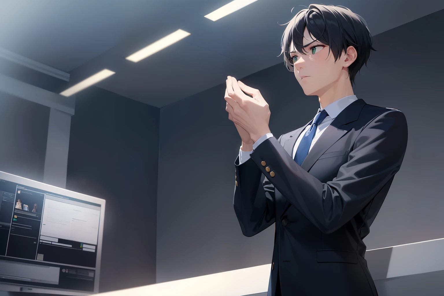 dutch angle, (looking away:1.5), masterpiece、high quality、25-year-old man with short black hair and green eyes、wearing a suit、wearing a white shirt、Wearing a dark blue tie、(Alone:1.5)、(Expressionless:1.1)、The background is an office、computer、bold composition、