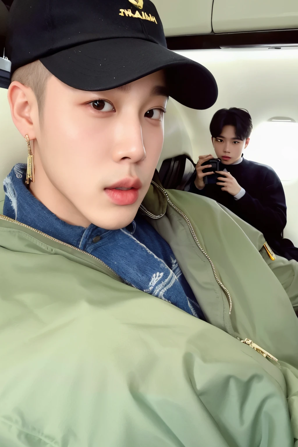 There's a woman sitting on an airplane with a hat on, Jimin\the full lips, Jimin\the right eyelid is swollen, Jimin\o nariz grego, park Jimin, Jimin, hyung tae, accurate Jimin face, Kim Doyoung, taejune kim, BTS, Jungkook, brilhante da chuva, Hong junho hyung, Hsiao-ron kpop boy, korean face, jimin do bts, korean male face