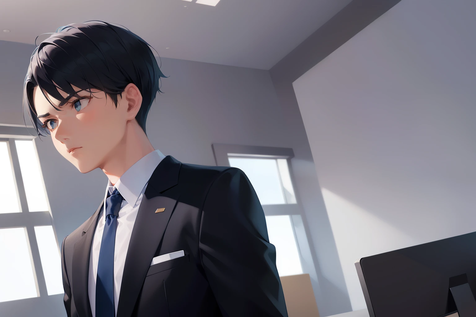 dutch angle, (looking away:1.5), masterpiece、high quality、25-year-old man with short black hair and green eyes、wearing a suit、wearing a white shirt、Wearing a dark blue tie、(Alone:1.5)、(Expressionless:1.1)、The background is an office、computer、bold composition、