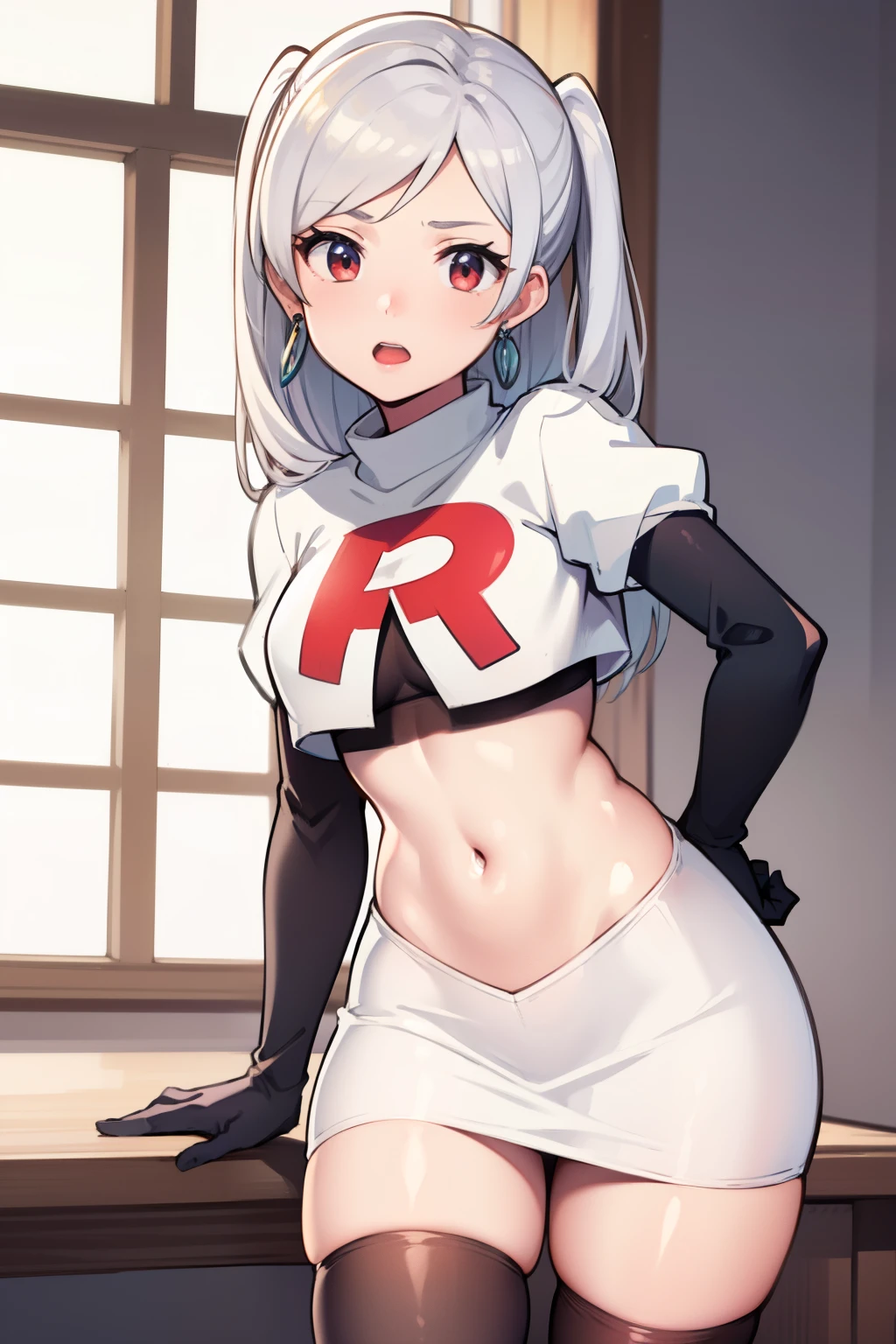 robin fe ,earrings, team rocket,team rocket uniform,white skirt,red letter R,crop top,black thigh-highs,black elbow gloves