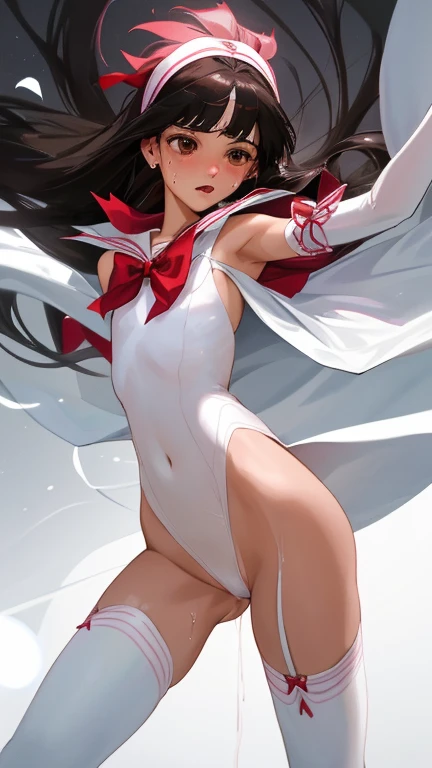 {{{{amazing quality, great quality, high quality, very aesthetic, aesthetic, best quality}}}},
realistic, photo, shadow, Three-dimensional, absurdres, Digital art,
{{{{Magical girl}}}}, beautiful girl, one girl,
black hair, long straight hair, hair, trimmed hair, shiny hair, blunt bangs, short sideburns,
brown eyes, tareme,
{{flat chest}}, {{small breasts}}, {{detailed body}}, slim thighs, thin thighs,
{{white leotard}, {leotard peek}}, {{pink sailor collar}}, {{pink elbow_gloves}}, {{red boots}},
ribbon trim, red bow tie, heart brooch, thigh strap, white headband, white circlet, white cloak,
{{both shoulders expose}}, {{covered navel}},
{{magic circle}}, troubled face, defeat, distress, resistance, absurdres, sexual pleasure, shy, orgasm, sensitive body, trembling, Sweat, tears, disheveled hair, Multiple enemies attack the girl, Multiple enemies touches girl, Multiple enemies fondles a girl, girl hides her breasts, girl hides her crotch, Multiple hands rub the girl, Multiple hands fuck the girl,