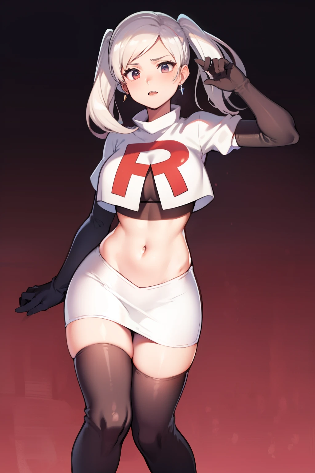 robin fe ,earrings, team rocket,team rocket uniform,white skirt,red letter R,crop top,black thigh-highs,black elbow gloves