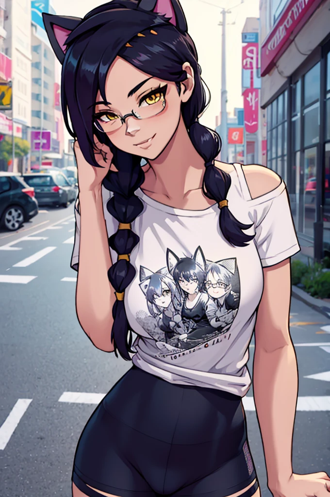 Erisa, 1girl, solo, long hair, looking at viewer, black hair, bandaid on face, yellow eyes, animal ears, smile, bandaid on nose, braid, cat ears, bandaid, bangs, breasts, fake animal ears, simple background, fang, bare shoulders, scar, teeth, shirt, tight shirt, bare shoulders, black shirt, short sleeves, closed mouth, t-shirt, hair over one eye, night city view, portrait, hair over shoulder, shorts, skin tight shirt, tight shorts, butt, wet shirt, legs, glasses, seductive, realistic, best quality, masterpiece, ultra detail, ultra high res, extreme detail, 8k