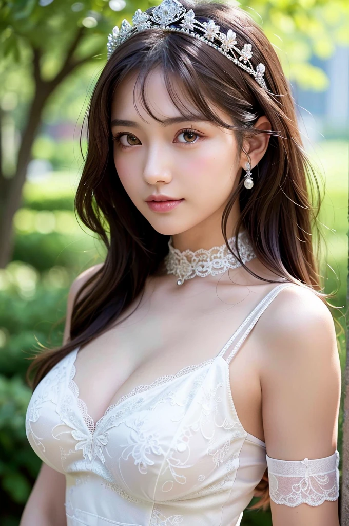 8K, RAW photo, highest quality, masterpiece: 1.2), Super detailed, ultra high resolution, (realistic, realistic photos: 1.37), portrait, High-definition RAW color photos, professional photos, Particle Texture Photography, very delicate and beautiful, very detailed, 8K wallpapers, Amazingly detailed details, huge file size, official art, Highly detailed CG Unity 8K wallpaper, very detailed beautiful girl, very detailed face, very fine eyes, very detailed skin, very detailed fingers, very detailed nose, very detailed mouth, perfect anatomy, very detailed background, very detailed clothes, 1 girl, (20-year-old: 1.2), 20th generation, cute girl, realistic body,, short hair, (bangs: 1.2), smile, cute, youth, cute face, realistic face, Light brown eyes、delicate eyes, 垂れ目highest quality, masterpiece, 8K quality, high detail, photographic style, detailed background, 28 year old beautiful Japanese woman、bridal tiara, bridal veil, bridal gauntlet, round idium chest、very big breasts、appealing breasts、appealing breastsのvalley間、Pose that emphasizes the chest、semi body shot、White wedding dresses、valley、landscaped gardens、(White Princess Line Wedding Dresses、bridal tiara、white choker、white lace gloves、white pantyhose:1.2),(white skirt、beautiful embroidery、White lace garter belt:1.2),Beautiful necklaces、Upper body, Beautiful Wedding Venue,With a well-shaped bust, Clear waist, and beautiful light brown hair, Captivate everyone around. Please generate a detailed description of this scene.,fair and beautiful skin、Gentle atmosphere、bangs、beautiful hair、cute face、cute girl、Popular models in Japan、smiling kindly、綺麗な胸のvalley間、